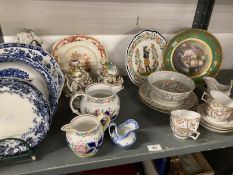 19th cent. English Ceramics: Ridgeways blue and white plates x 4, coloured enamel jugs possibly