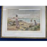 Alfred Glendening Jr. (1861-1907): Watercolour A Summer Holiday, woman, children and dog on the