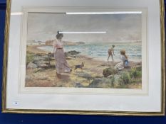 Alfred Glendening Jr. (1861-1907): Watercolour A Summer Holiday, woman, children and dog on the