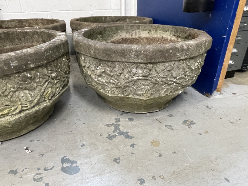 Gardenalia: Mid 20th cent. Pair of large reconstituted planters with vine and leaf decoration. - Image 2 of 4