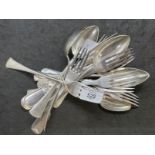 White Metal: Collection of flatware, nine forks, six spoons, various patterns, test as silver. Total