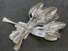 White Metal: Collection of flatware, nine forks, six spoons, various patterns, test as silver. Total