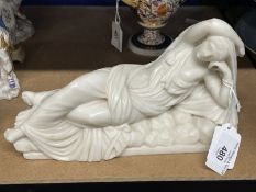 19th cent. Marble figure of a Classical/Roman reclining lady, fingers and toes A/F, unsigned.