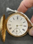 Watches: Yellow metal marked and tested 18ct gold Hunter, white enamel dial, second hand, Roman