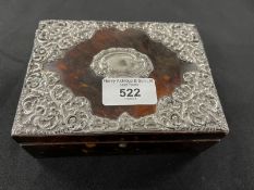 19th cent. Tortoiseshell jewellery box with silver decoration to the top. 5½ins. x 4¼ins. x 2ins.