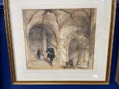 Joseph Nash OWS (1809-1878): Watercolour of two Elizabethans and their dog. 15ins. x 13ins.