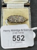 Jewellery: Victorian yellow metal ring set with 2.00ct old cut diamonds cluster. Tests as 15ct gold.