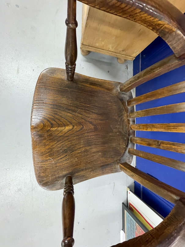 19th cent. Harlequin set of four beech, elm and oak slat back kitchen armchairs. - Image 9 of 10