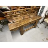 Chinese elm bench with weathered finish, shaped panelled back solid seat on shaped cut out legs with