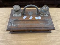 19th cent. Oak desk top ink stand with drawer and two fitted glass inkwells, together with a glass