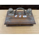 19th cent. Oak desk top ink stand with drawer and two fitted glass inkwells, together with a glass