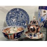 Oriental Ceramics: Imari sensor A/F, 8½ins. Imari plate A/F, dia. 8½ins. Imari bowl blue and white