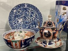 Oriental Ceramics: Imari sensor A/F, 8½ins. Imari plate A/F, dia. 8½ins. Imari bowl blue and white