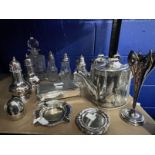 Silver plated items to include teapots, coasters, sugar sifters, an egg coddler, together with glass