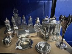 Silver plated items to include teapots, coasters, sugar sifters, an egg coddler, together with glass