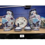 19th cent. Staffordshire Chinoiserie tall vases and covers, a pair. and Imperial Stone China cake
