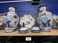 19th cent. Staffordshire Chinoiserie tall vases and covers, a pair. and Imperial Stone China cake