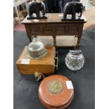 Treen, oak miniature dresser base, oak Eveready hand lamp, ebony and ivory elephants Ceylon 1860,