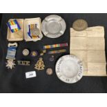 Militaria: WWI pair to Private G.W. Wright R - 39056 R.R.R. Corps, Army Ordnance cap badges plus