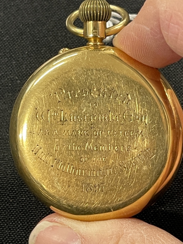 Hallmarked Jewellery: 18ct gold open faced pocket watch, white enamelled dial with black Roman - Image 2 of 2