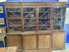 19th cent. Mahogany breakfront bookcase four Astragal glazed top cupboards, four enclosed base