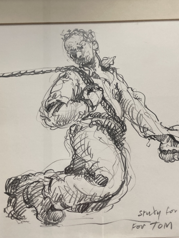 •Kevin Sinnott (1947- ): Pencil sketch of a man chained to toil dedicated by the artist 'Study for - Image 2 of 2