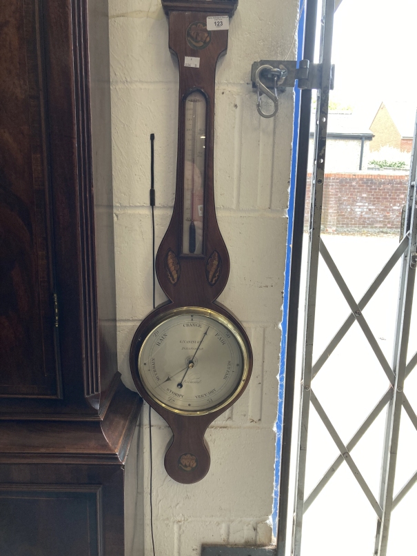 Early 19th cent. Mahogany G. Vanini & Co. Peterborough banjo barometer, broken pediment above