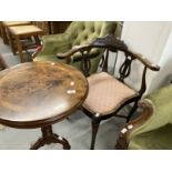 20th cent. Stained beech upholstered carver chair with a carved back rail and lyre supports, the