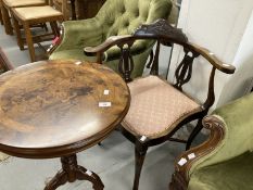 20th cent. Stained beech upholstered carver chair with a carved back rail and lyre supports, the