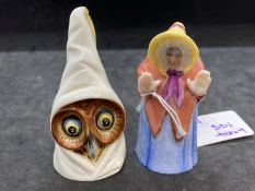 Candle Extinguisher: Royal Worcester early 20th cent. Owl brown face and old woman, brown cloak,