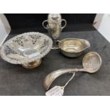 Hallmarked Silver: Bon bon dish A/F, pounce pot, cream jug and a Dutch silver sugar sifter ladle.