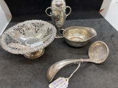 Hallmarked Silver: Bon bon dish A/F, pounce pot, cream jug and a Dutch silver sugar sifter ladle.