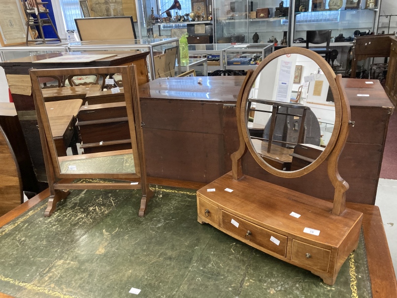 20th cent. Mirrors, one mahogany with three drawers beneath an oval mirror, approx. 18ins. x