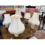 20th cent. Lighting: Selection of five Oriental style lamps with shades.
