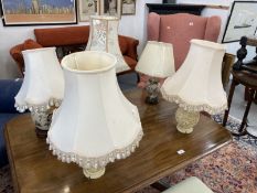 20th cent. Lighting: Selection of five Oriental style lamps with shades.