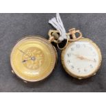 Watches: Yellow metal fob watches one with white dial and Arabic numerals, stamped 0585 and one with