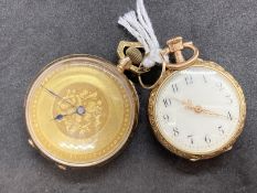 Watches: Yellow metal fob watches one with white dial and Arabic numerals, stamped 0585 and one with