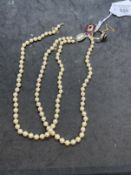 Jewellery: Necklet double row of 5mm cultured pearls 58, 55. Plus a silver gilt Georgian mourning