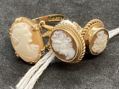 Hallmarked Jewellery: 9ct gold shell cameo ring and pair of earrings. Ring size K. Total weight 5.