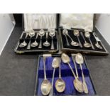 19th cent. Silver spoons, two sets of six silver teaspoons, a set of five plus one other. 6.5oz.