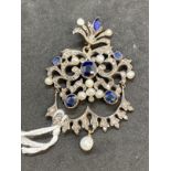 Jewellery: Victorian yellow metal pendant, yellow and white metal with sapphires, pearls and rose