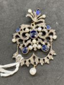 Jewellery: Victorian yellow metal pendant, yellow and white metal with sapphires, pearls and rose