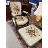 19th cent. Heavily carved tapestry covered open arm chair together with a similarly covered