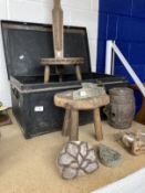 Rural Memorabilia: 1940s metal army trunk containing treen items, including a spinning stool, elm