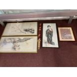 Japanese Art: 20th cent. Depiction of a Geisha in ink on silk, plus an earlier print of a lady at