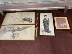 Japanese Art: 20th cent. Depiction of a Geisha in ink on silk, plus an earlier print of a lady at