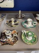 19th cent. Staffordshire chamber sticks two Imari, one with Derby mark.
