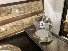 19th/20th cent. Platedware: Oblong gallery tray, cut glass and plated two handle biscuit barrel.