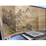 Japanese Art: Early 20th cent. Four panel screen, stained wood and silk decorated with a mountain