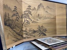 Japanese Art: Early 20th cent. Four panel screen, stained wood and silk decorated with a mountain